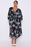 8Pcs Black Floral Crossover Belted Midi Dress