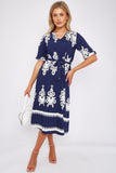 8Pcs Navy Pattern Print Short Sleeve Midi Dress