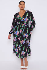 8Pcs Black Floral Crossover Belted Midi Dress