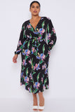 8Pcs Black Floral Crossover Belted Midi Dress