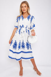 8Pcs White Pattern Print Short Sleeve Midi Dress
