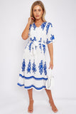 8Pcs White Pattern Print Short Sleeve Midi Dress