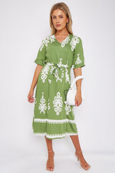 8Pcs Green Pattern Print Short Sleeve Midi Dress