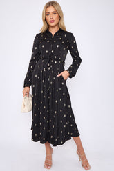8Pcs Gold Foil Pattern Print Black Midaxi Shirt Dress