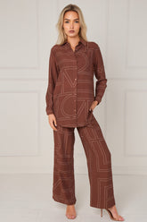 8Pcs Chocolate Geometric Line Print Wide-Leg Co-ord