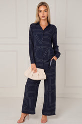 8Pcs Navy Geometric Line Print Wide-Leg Co-ord