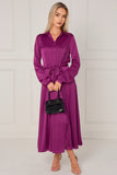 8Pcs Magenta Layered Satin Long Sleeve Maxi Shirt Dress