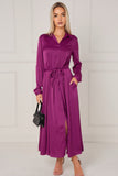 8Pcs Magenta Layered Satin Long Sleeve Maxi Shirt Dress