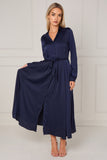 8Pcs Navy Layered Satin Long Sleeve Maxi Shirt Dress