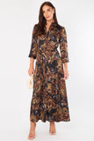 8Pcs Brown Abstract Floral Print Satin Maxi Shirt Dress