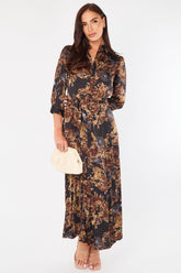 8Pcs Brown Abstract Floral Print Satin Maxi Shirt Dress