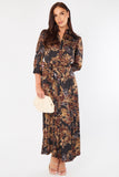 8Pcs Brown Abstract Floral Print Satin Maxi Shirt Dress