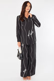 8Pcs Black Rope Stripe Print Wide-Leg Co-ord