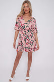 8Pcs Pink Floral Print Cheese Cloth Wrapped Mini Dress