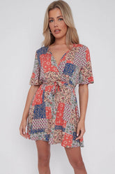 8Pcs Multi Floral Patch Print Wrapped Mini Dress