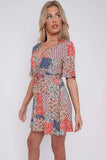 8Pcs Multi Floral Patch Print Wrapped Mini Dress