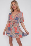 8Pcs Multi Floral Patch Print Wrapped Mini Dress