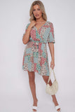 8Pcs Multi Floral Patch Print Wrapped Mini Dress
