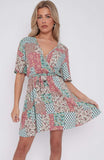 8Pcs Multi Floral Patch Print Wrapped Mini Dress