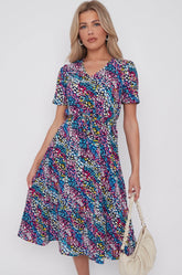 8Pcs Navy Rainbow Leopard Print V Neck Frilled Hem Midi Dress