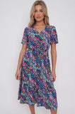 8Pcs Navy Rainbow Leopard Print V Neck Frilled Hem Midi Dress
