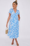 Love Sunshine Blue Floral Print Wrapped Midi Dress Brunch Dress Dress with Pockets Everyday Dress Garden Party Dress Holiday Dress LS-2118 Short Sleeve Dress Summer Dress Tea Dress Wedding Guest Dress