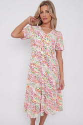 8Pcs Rainbow Leopard Print V Neck Frilled Hem Midi Dress