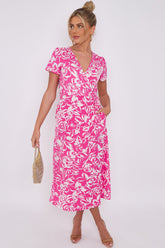 Love Sunshine Pink Floral Print Wrapped Midi Dress Brunch Dress Dress with Pockets Everyday Dress Garden Party Dress Holiday Dress LS-2118 Short Sleeve Dress Summer Dress Tea Dress Wedding Guest Dress