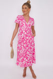 Love Sunshine Pink Floral Print Wrapped Midi Dress Brunch Dress Dress with Pockets Everyday Dress Garden Party Dress Holiday Dress LS-2118 Short Sleeve Dress Summer Dress Tea Dress Wedding Guest Dress