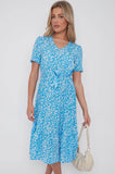 8Pcs Blue Floral Print V Neck Frilled Hem Midi Dress