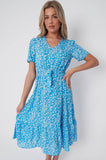 8Pcs Blue Floral Print V Neck Frilled Hem Midi Dress