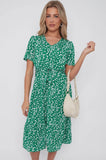 8Pcs Green Floral Print V Neck Frilled Hem Midi Dress