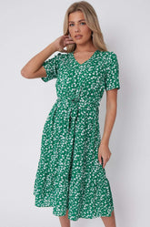 8Pcs Green Floral Print V Neck Frilled Hem Midi Dress