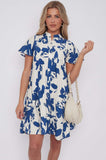 8Pcs Blue Floral Print Short Sleeve Flared Mini Dress