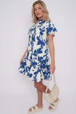 8Pcs Blue Floral Print Short Sleeve Flared Mini Dress