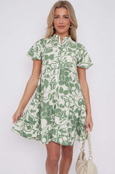 8Pcs Green Paisley Floral Print Short Sleeve Flared Mini Dress