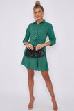 Love Sunshine Green Geo Print Belted Mini Shirt Dress Brunch Dress Casual Dress Dress with Pockets Everyday Dress Garden Party Dress Long Sleeve Dress LS-2143 Workwear Dress