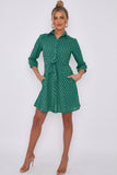 Love Sunshine Green Geo Print Belted Mini Shirt Dress Brunch Dress Casual Dress Dress with Pockets Everyday Dress Garden Party Dress Long Sleeve Dress LS-2143 Workwear Dress