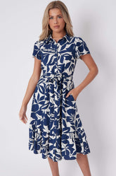 8Pcs Navy Leaf Printed Short Sleeve Midi Dress