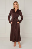 8Pcs Espresso Layered Satin Long Sleeve Maxi Shirt Dress