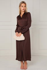 8Pcs Espresso Layered Satin Long Sleeve Maxi Shirt Dress