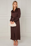 8Pcs Espresso Layered Satin Long Sleeve Maxi Shirt Dress