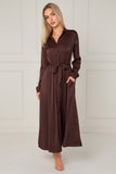 8Pcs Espresso Layered Satin Long Sleeve Maxi Shirt Dress