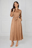 8Pcs Caramel Velvety Satin Maxi Shirt Dress