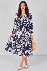 8Pcs Navy Blossom Tiered Smock Midaxi Dress