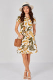 8Pcs Mustard and Olive Abstract Print Short Sleeve Shirt Dress