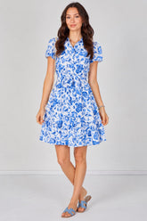 8Pcs White and Blue Floral Print Short Sleeve Shirt Dress