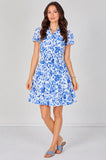 8Pcs White and Blue Floral Print Short Sleeve Shirt Dress