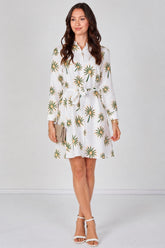 6Pcs White Floral Print Long Sleeve Mini Shirt Dress