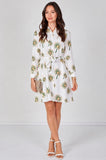 6Pcs White Floral Print Long Sleeve Mini Shirt Dress